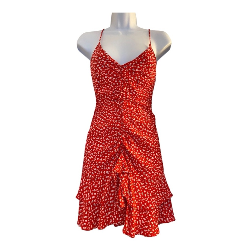 SOLD Zara | Size M | Red Floral Mini Ruched Open Back Summer or Spring Dress